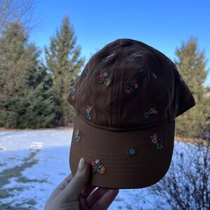 Floral embroidered baseball cap flowers hat tan brow multi color NWOT